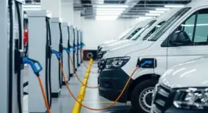 Commercial EV Charging station - row of electric delivery vans